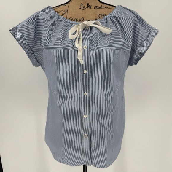 Theory Velvela Taff Stripe Cotton Tie Neck Button Front Top Women Medium Blue - Picture 1 of 7